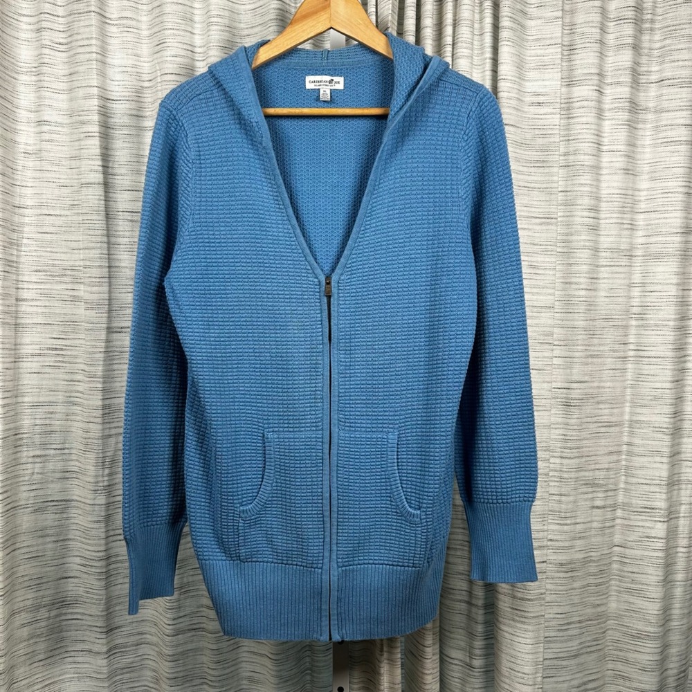 Caribbean Joe Zip Hoodie Blue Women XL Waffle Knit Cardigan Sweater